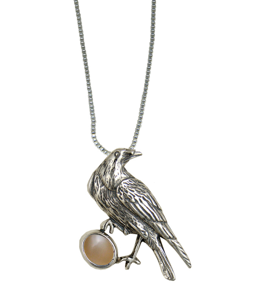 Sterling Silver Raven Pendant With Peach Moonstone